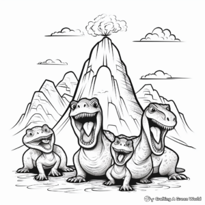 Dinosaur Family Escaping a Volcano Coloring Sheets 3