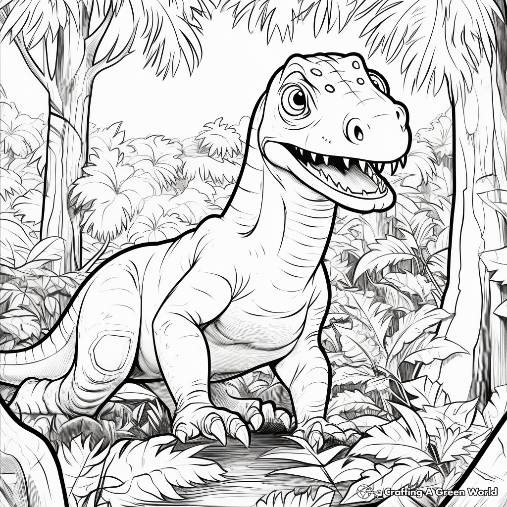 Dinosaur in the Jungle Scene Coloring Pages 3