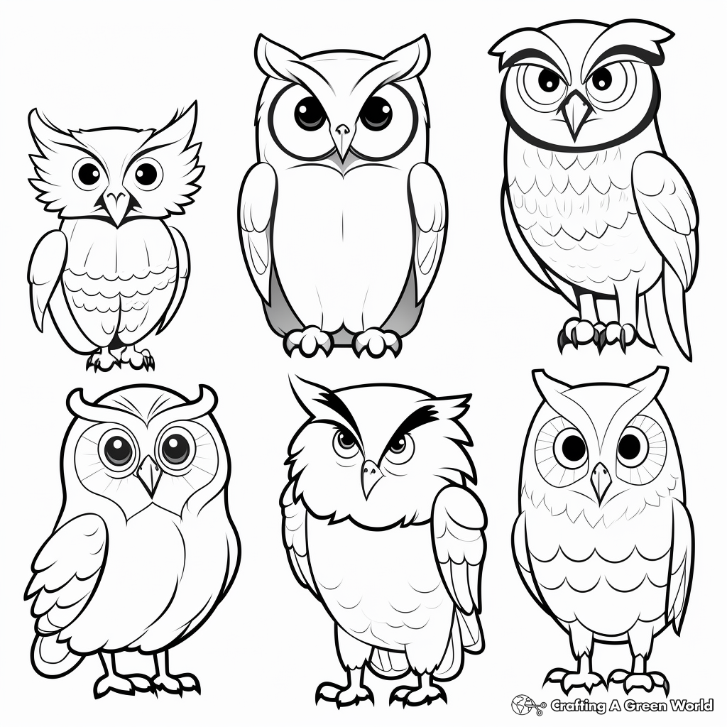 Diverse Species of Owls Including Great Horned Owl Coloring Page 1