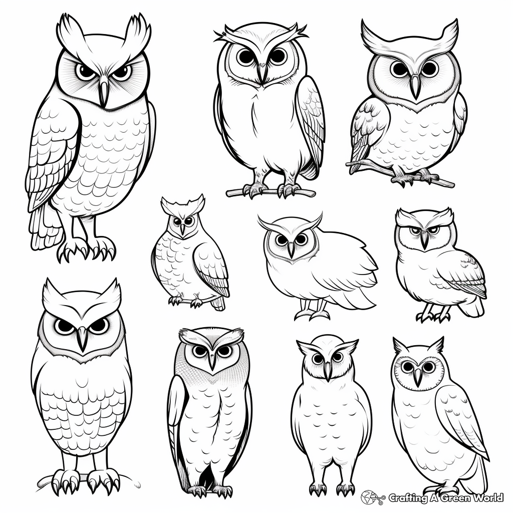 Diverse Species of Owls Including Great Horned Owl Coloring Page 2