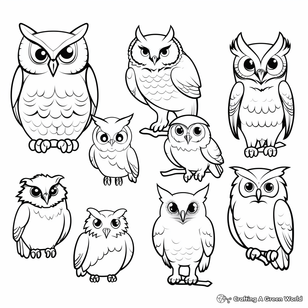 Diverse Species of Owls Including Great Horned Owl Coloring Page 3