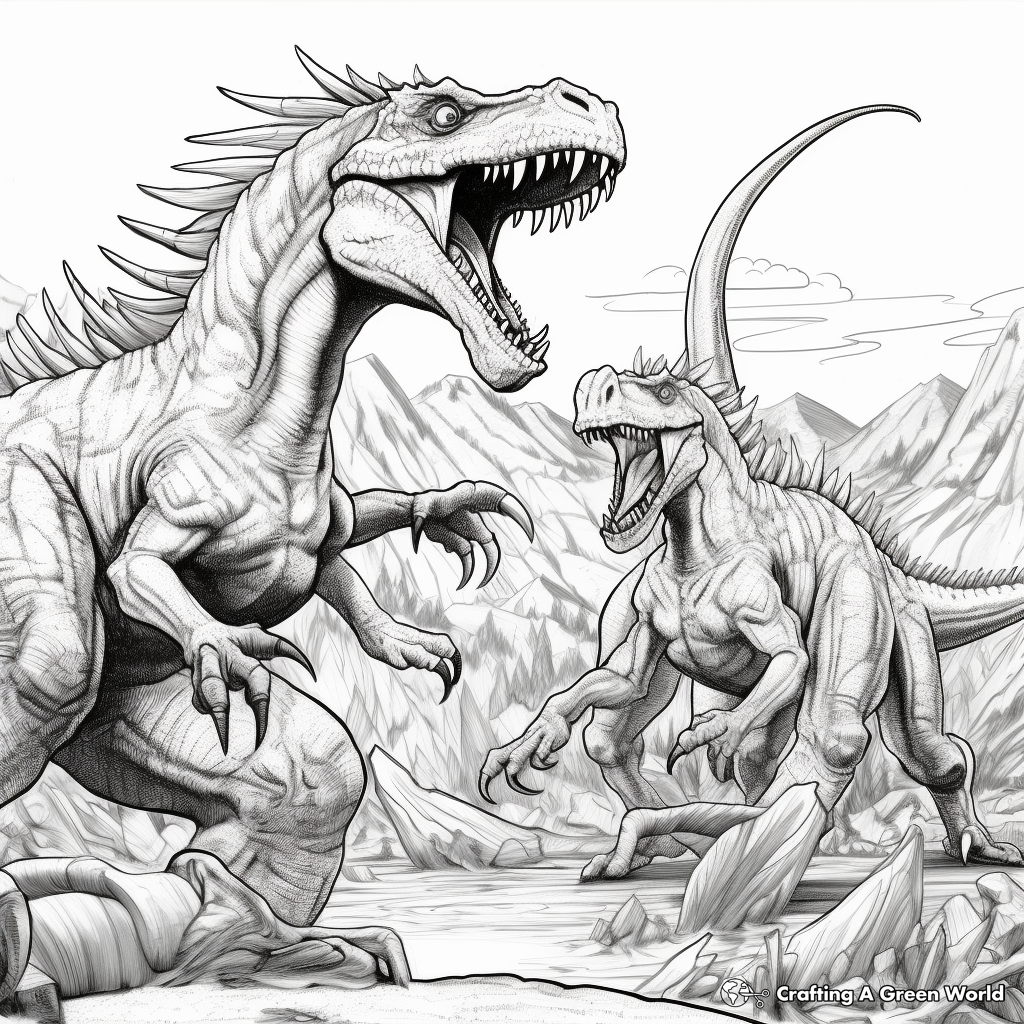 Dramatic Dinosaur Battle Scene: Carnosaurus vs. Utahraptor Coloring Pages 1