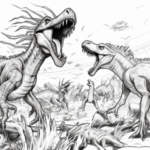 Dramatic Dinosaur Battle Scene: Carnosaurus vs. Utahraptor Coloring Pages 4
