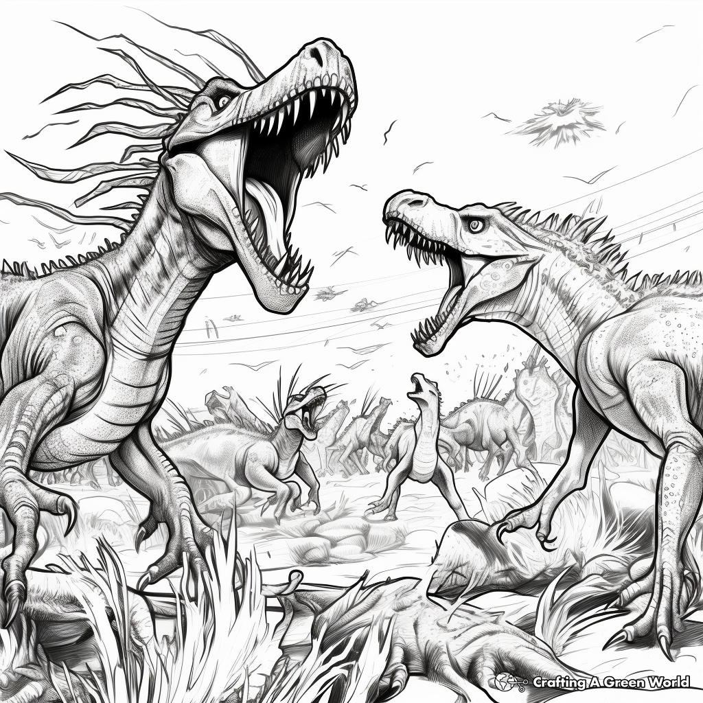 Dramatic Dinosaur Battle Scene: Carnosaurus vs. Utahraptor Coloring Pages 3
