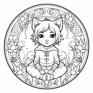 Dreamlike Fairy and Cat Mandala Coloring Pages 1