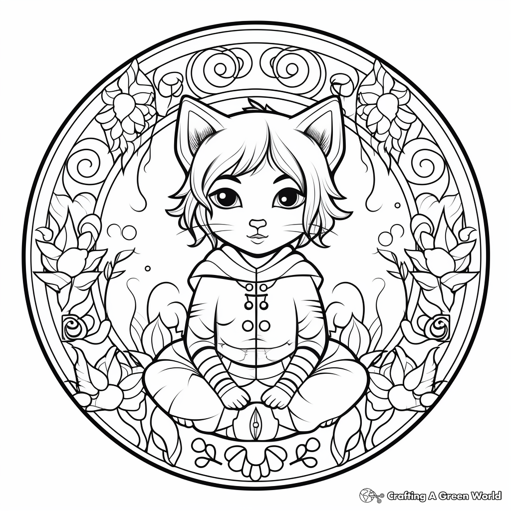 Dreamlike Fairy and Cat Mandala Coloring Pages 1