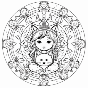 Dreamlike Fairy and Cat Mandala Coloring Pages 2