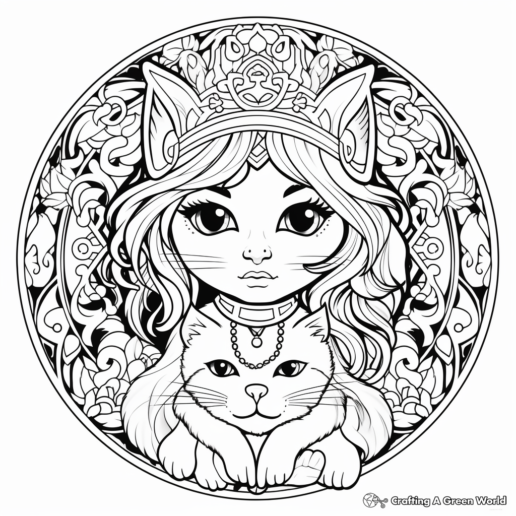 Dreamlike Fairy and Cat Mandala Coloring Pages 4