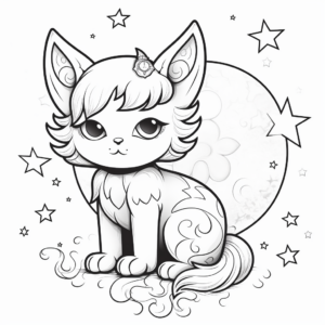 Dreamy Kitty Fairy Sitting on the Moon Coloring Page 1