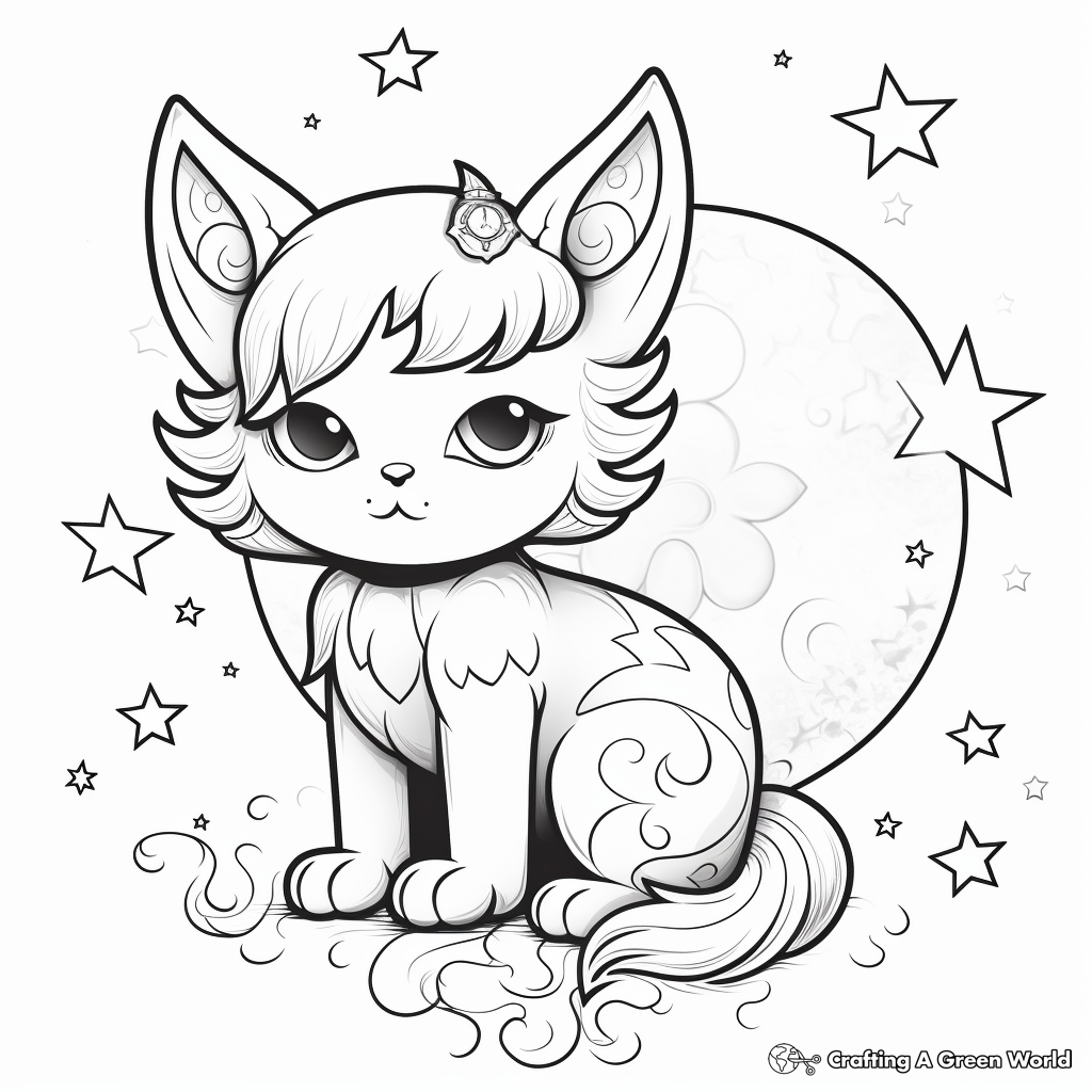 Dreamy Kitty Fairy Sitting on the Moon Coloring Page 1