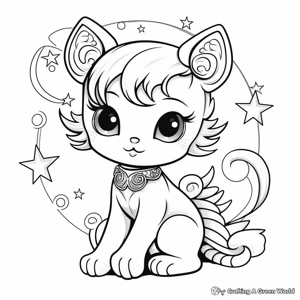 Dreamy Kitty Fairy Sitting on the Moon Coloring Page 3