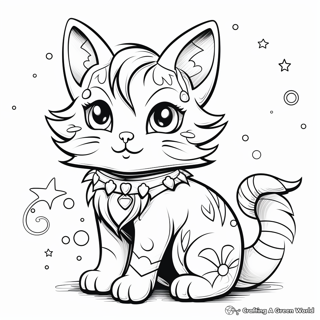Dreamy Rainbow Cat in Fantasy World Coloring Pages 1