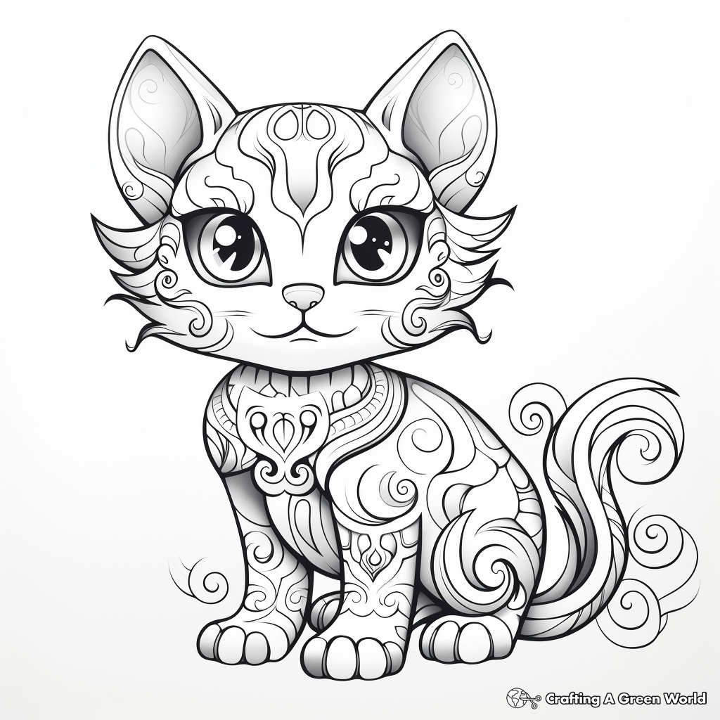 Dreamy Rainbow Cat in Fantasy World Coloring Pages 4
