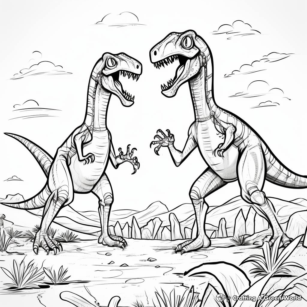 Dual Compysognathus Battle Scene Coloring Pages 4