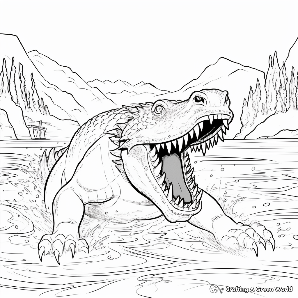 Dynamic Sarcosuchus Hunting Scene Coloring Pages 2