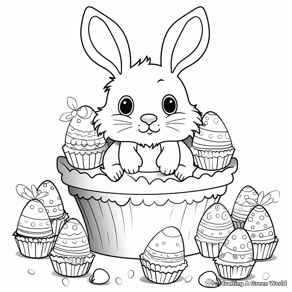 Easter Cupcake Coloring Pages With Eggs and Bunnies 2