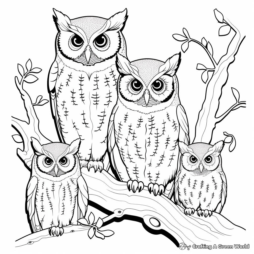 Eastern Screech Owl Family: Camouflage Theme Coloring Pages 1