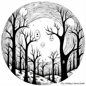 Eerie Full Moon in a Spooky Forest Coloring Pages 1