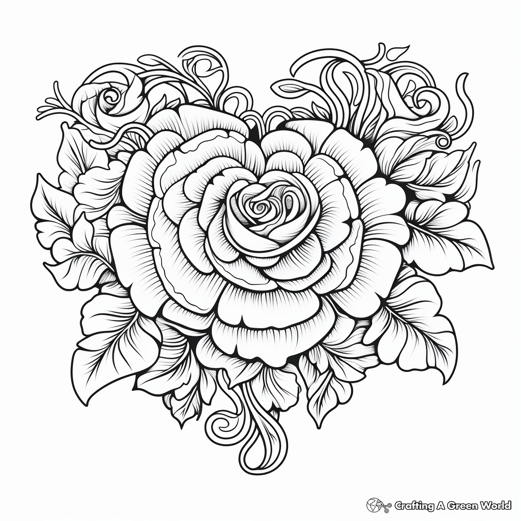 Elaborate Rose Heart Coloring Pages for Experienced Colorists 2