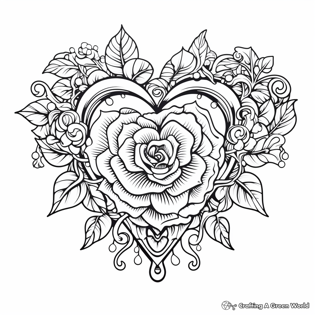 Elaborate Rose Heart Coloring Pages for Experienced Colorists 4