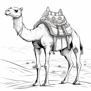 Elegant Camel with Patterned Saddle in Desert Coloring Page 1