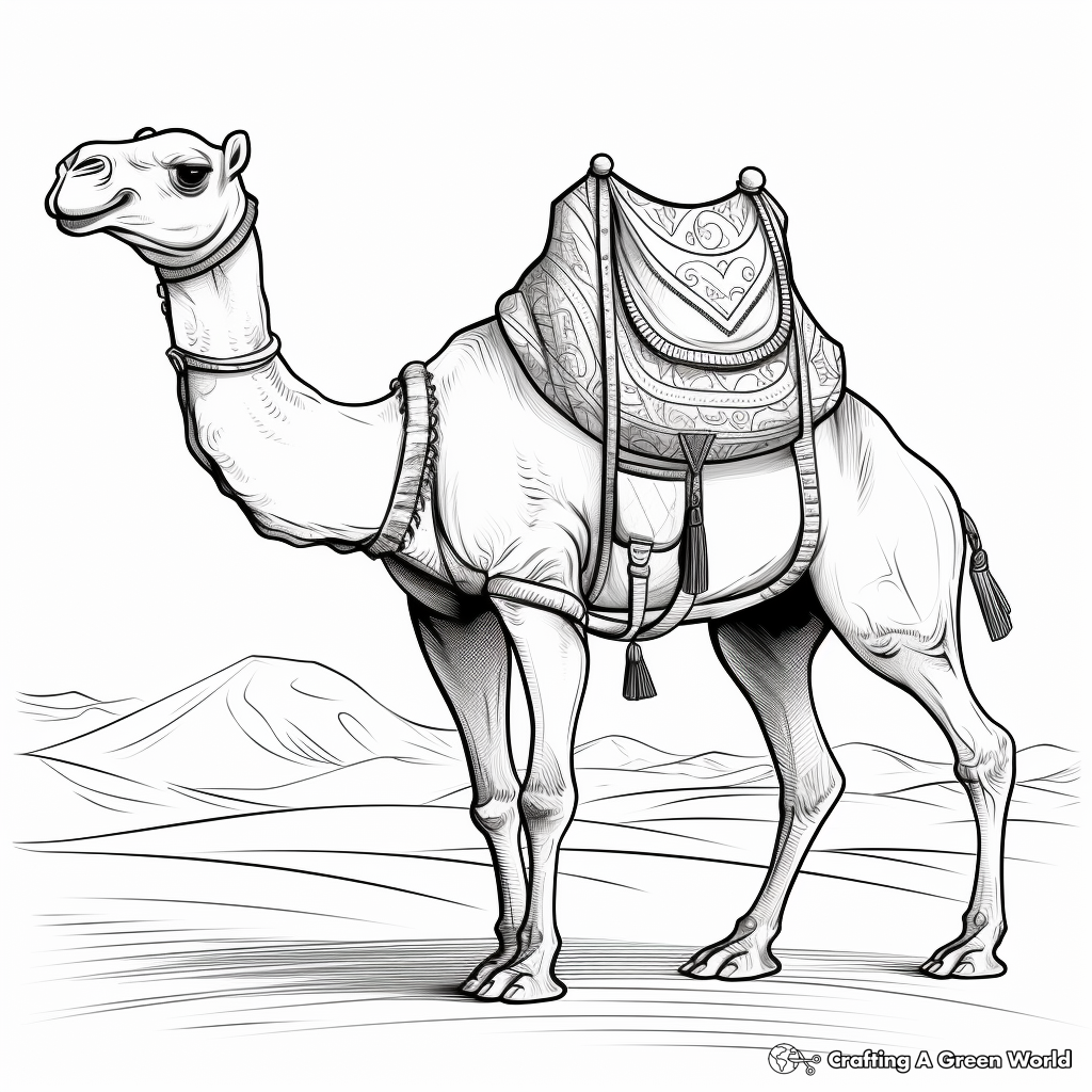 Elegant Camel with Patterned Saddle in Desert Coloring Page 2