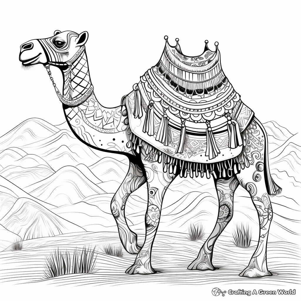 Elegant Camel with Patterned Saddle in Desert Coloring Page 3
