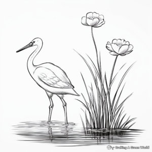 Elegant Egret and Lily Coloring Pages 1