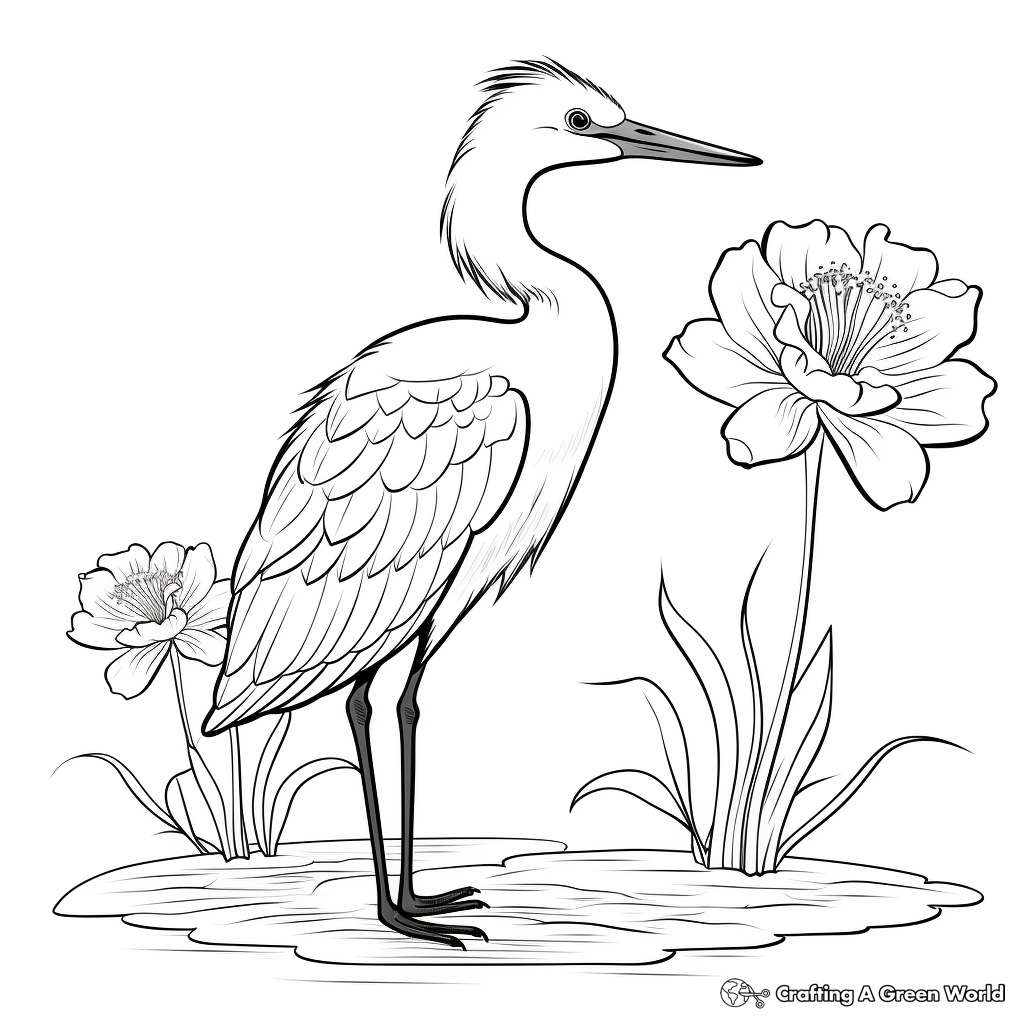 Elegant Egret and Lily Coloring Pages 4