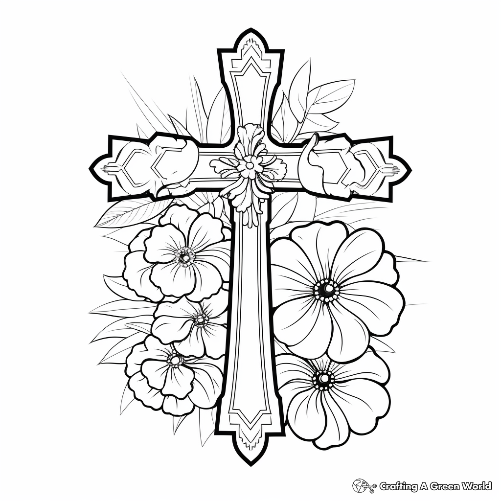 Elegant Floral Cross Coloring Pages for Adults 1