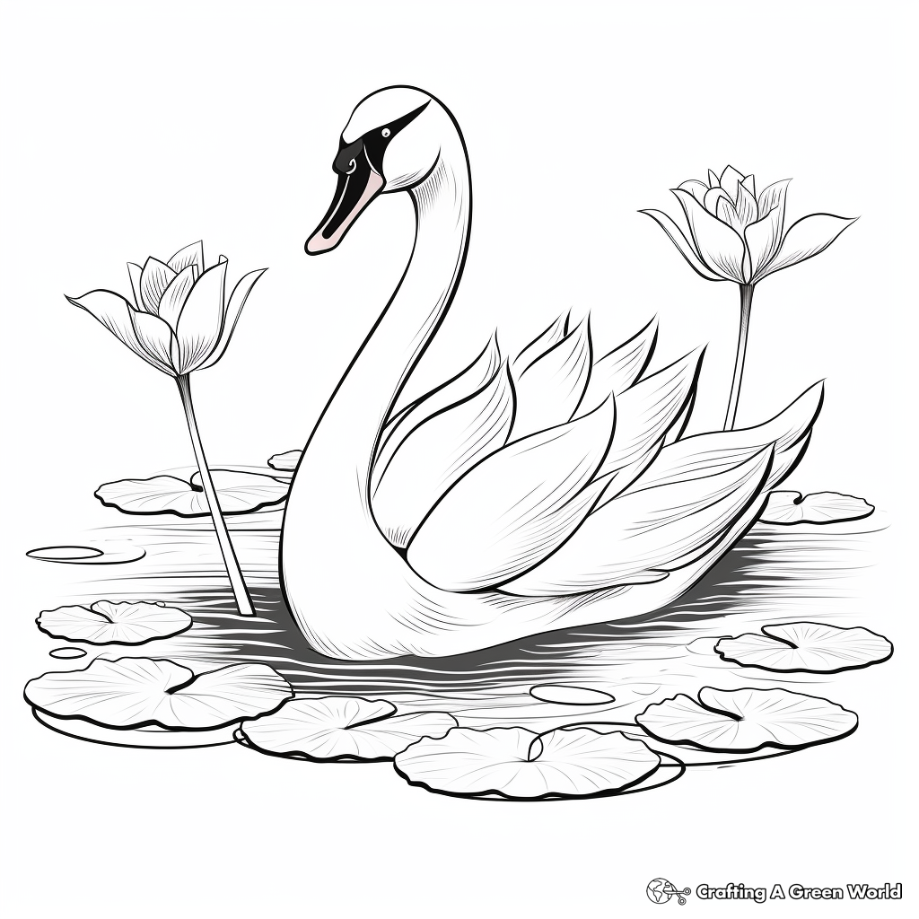 Elegant Swan with Lotus Coloring Pages 1