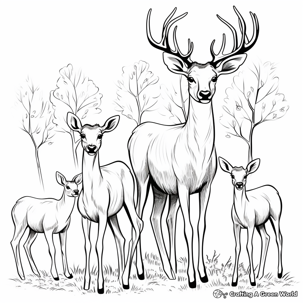 Elk Antler Family Coloring Pages: Male, Female, and Calves 2