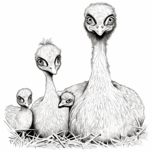 Emu Family: Male, Female and Chicks Coloring Print Outs 1