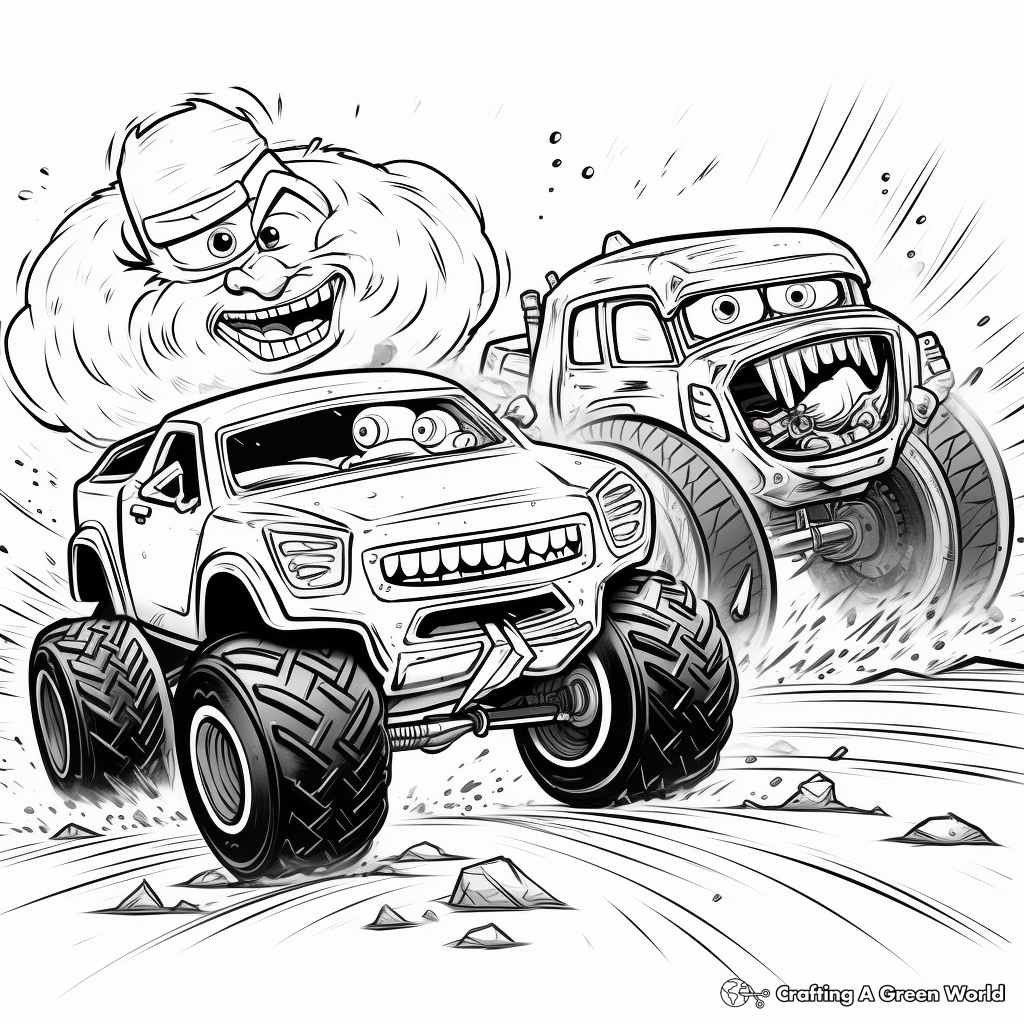Epic Battle: Monster Truck VS Sports Car Coloring Pages 1