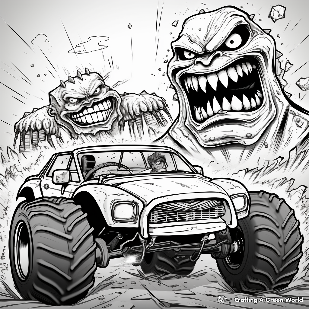 Epic Battle: Monster Truck VS Sports Car Coloring Pages 3