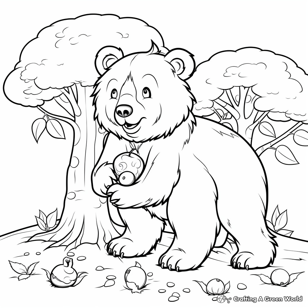 Fall Themed Grizzly Bear Collecting Acorns Coloring Pages 2