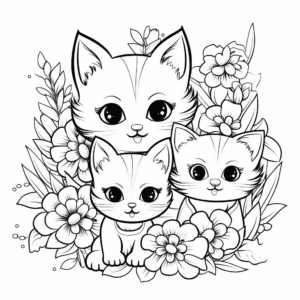 Family of Cats and a Garden of Flowers Coloring Pages 1