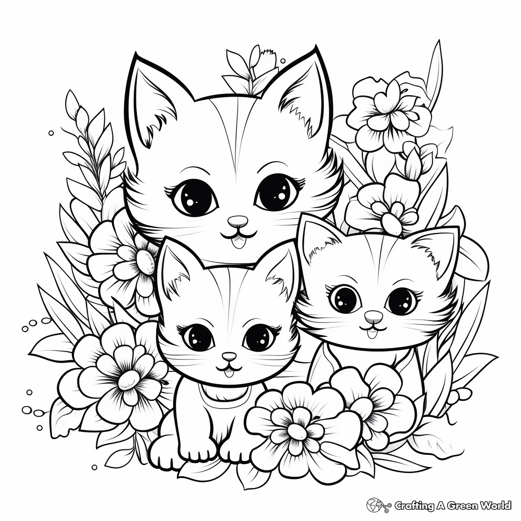 Family of Cats and a Garden of Flowers Coloring Pages 1