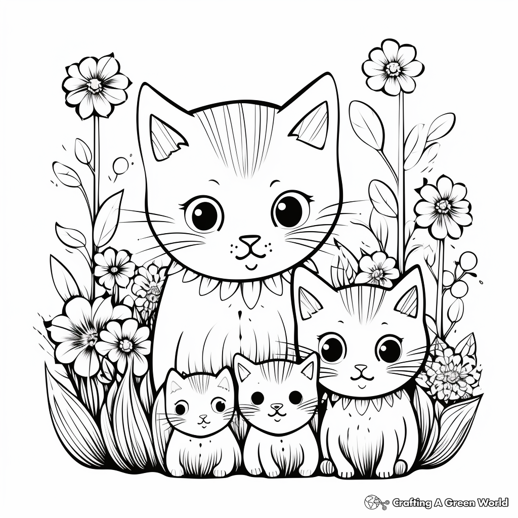 Family of Cats and a Garden of Flowers Coloring Pages 2