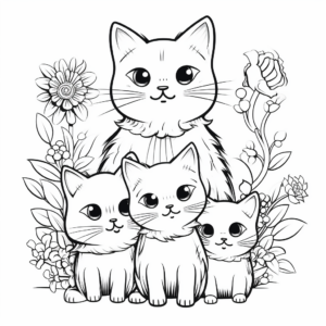 Family of Cats and a Garden of Flowers Coloring Pages 3