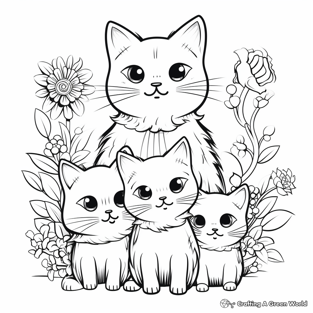 Family of Cats and a Garden of Flowers Coloring Pages 3
