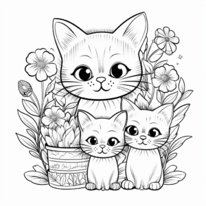 Family of Cats and a Garden of Flowers Coloring Pages 4