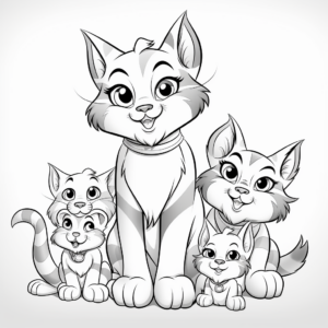 Family of Tabby Cats: Male, Female, and Kittens Coloring Pages 1