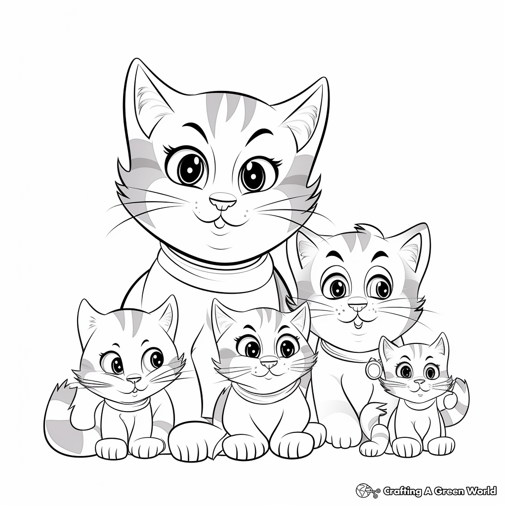 Family of Tabby Cats: Male, Female, and Kittens Coloring Pages 2