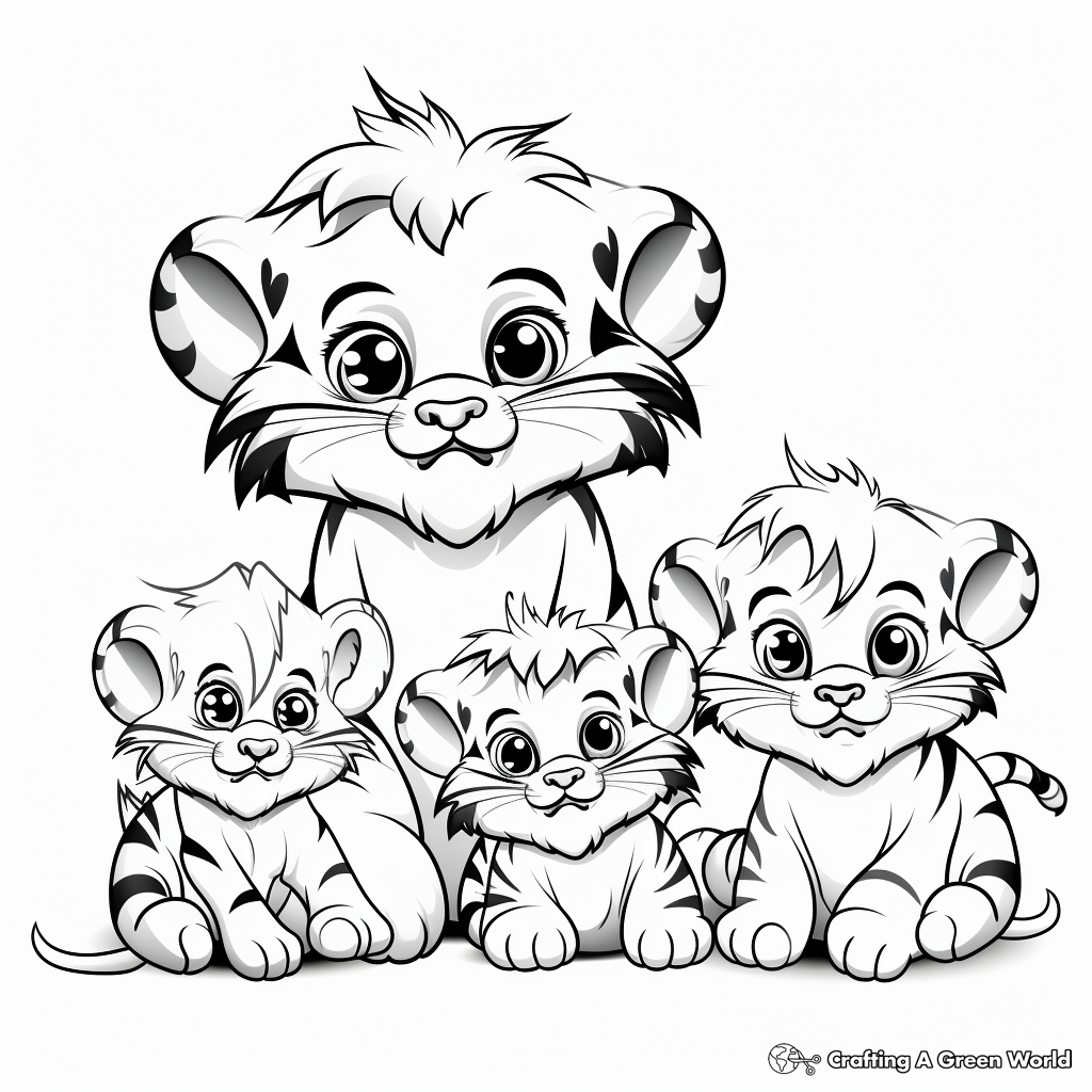 Family of Tigers: Baby Tigers with Parents Coloring Pages 1