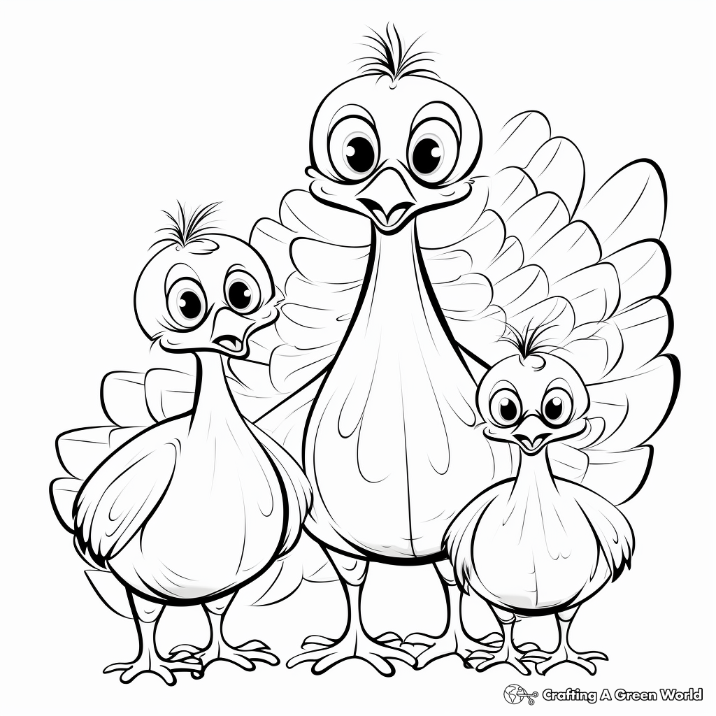 Family of Turkeys Coloring Pages: Mother and Chicks 2
