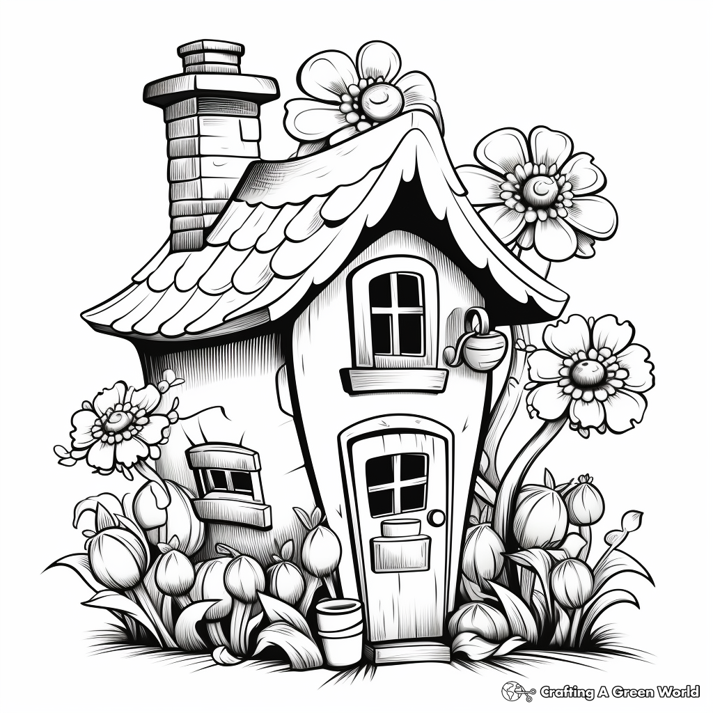 Fanciful Flower Gnome House Coloring Pages 2