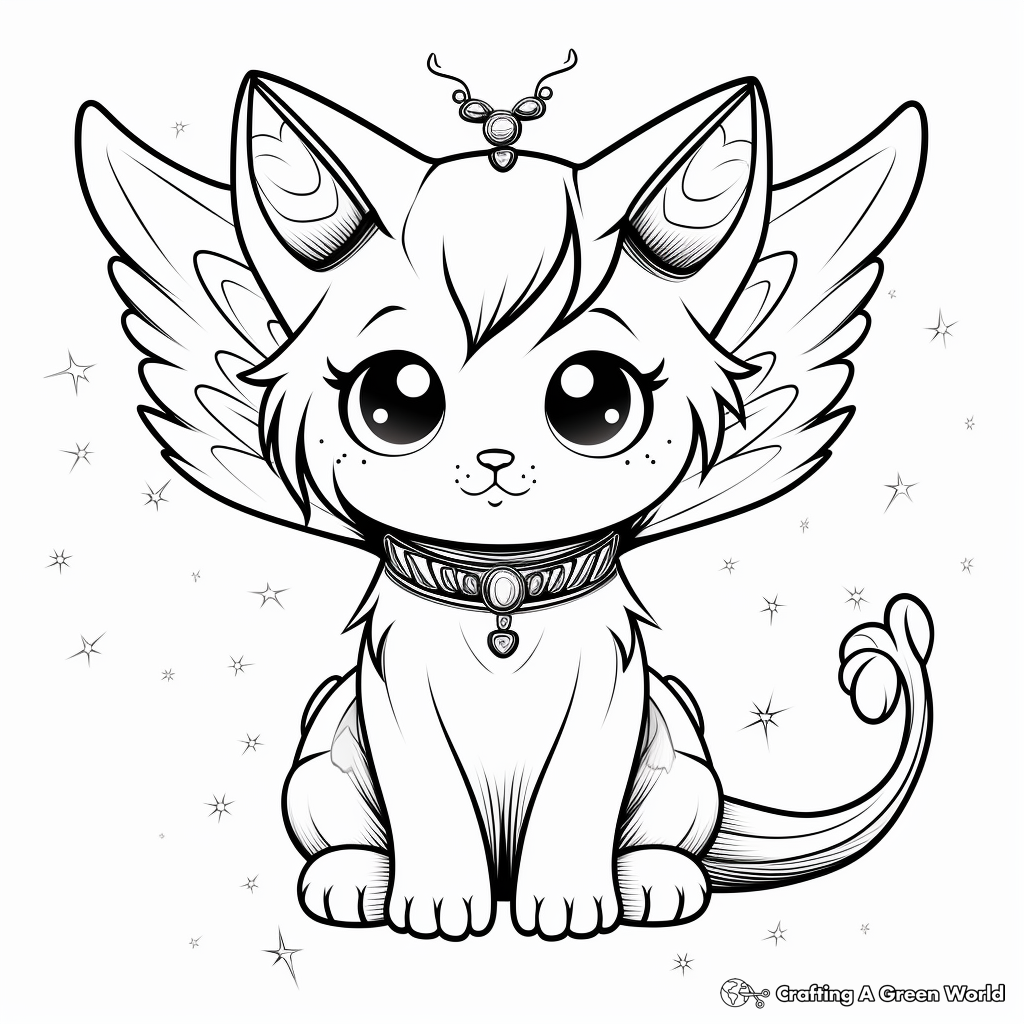 Fantasy-Based Kawaii Cat with Wings Coloring Pages 2