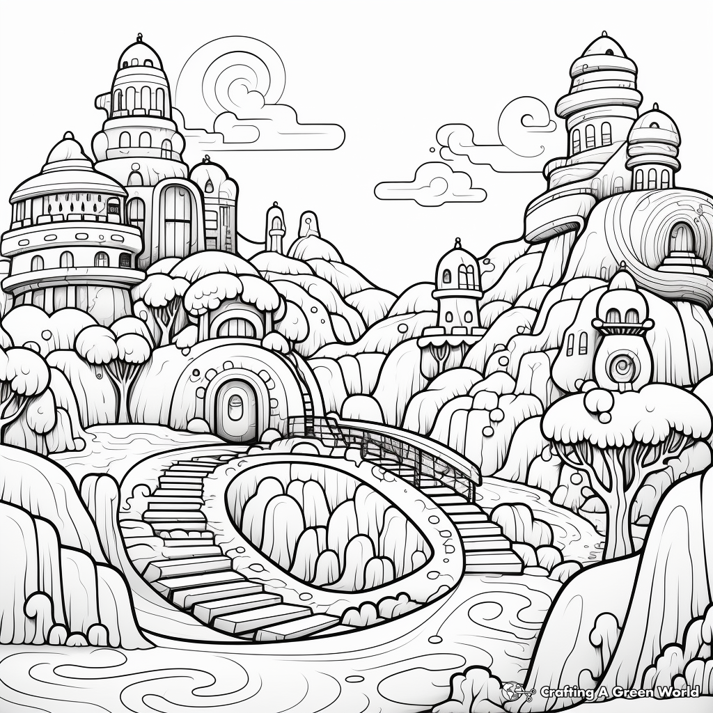 Fantasy Creatures in Extrenuous Landscapes Coloring Pages 4