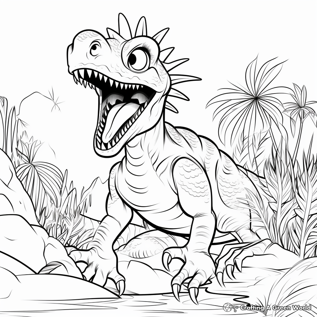 Fearsome Dilophosaurus Roaring Scene Coloring Pages 2